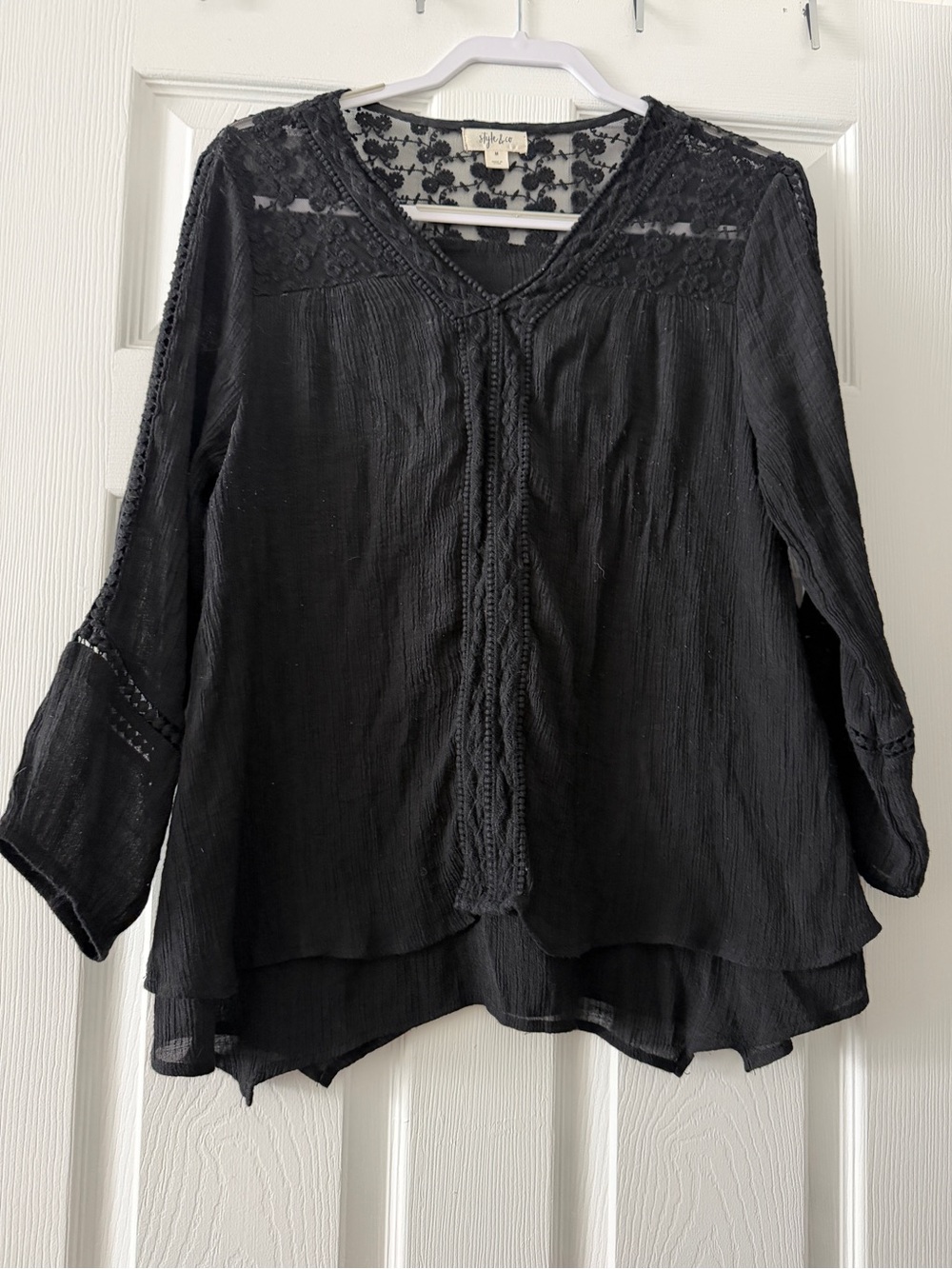 Style & Co Black Boho Gauze Blouse Lace Crochet Trim 3/4 Sleeve Medium
